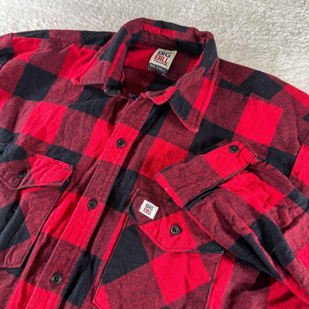 Vintage Big Bill Made in USA Red Black Flannel Button Up Down Shirt‎ Men XL